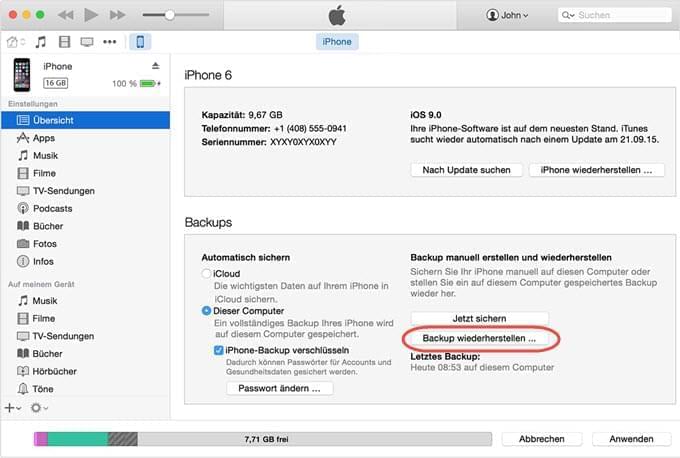 iPhone Kontakte mit iTunes wiederherstellen
