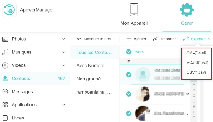 exporter les contacts sur iPhone via ApowerManager