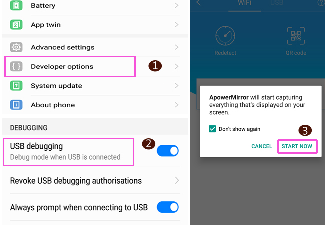 usb connection of android device