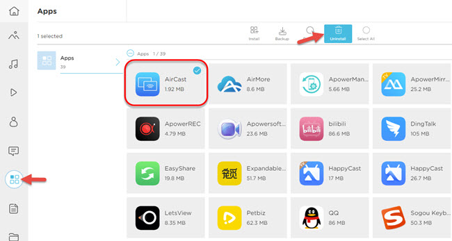 uninstall apps using AirMore