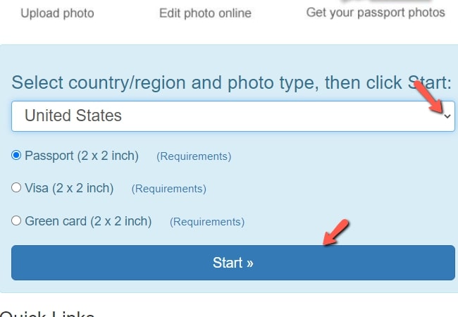 start button for passport photo background editor