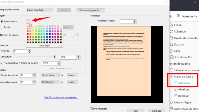 mudar cor de plano de fundo do PDF