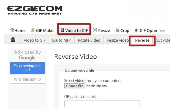 executar vídeo  youtube ao contrário com ezgif