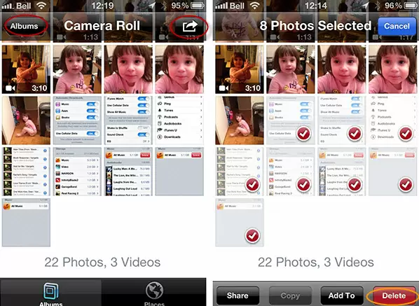 screenshot of deleting iPhone camera roll photos