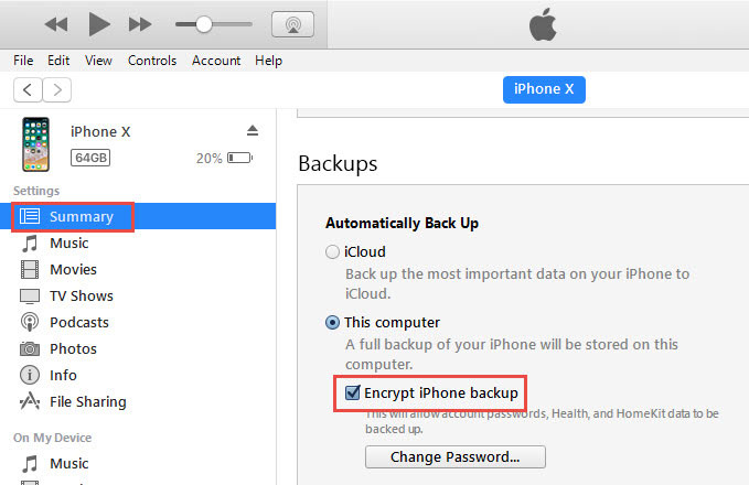 Uncheck encrypt iPhone backup