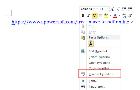 remove hyperlink in word 2010