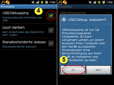 Schritte 2 zum USB Debugging Erlauben bei Android 1.6-3.2