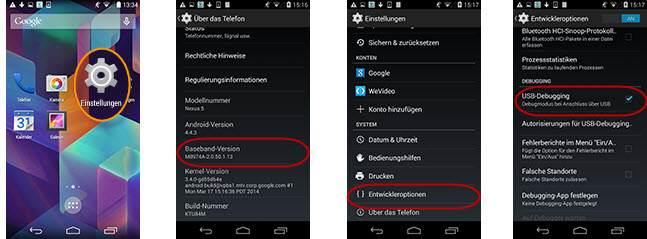 Aktivierung vom USB Debugging auf Android 4.4 und darüber