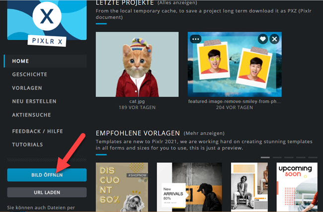 Bild mit Pixlr X öffnen