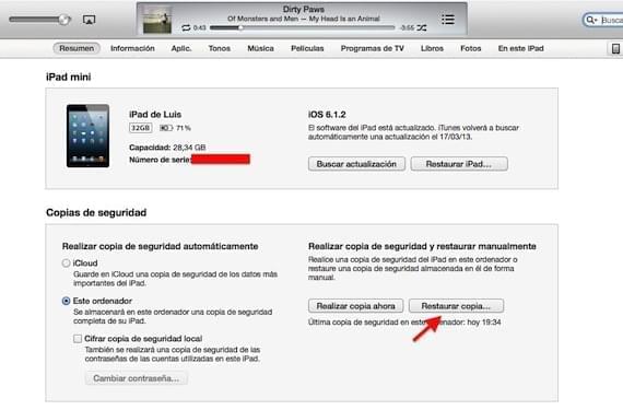  usar iTunes para restaurar foto borrada del iPad