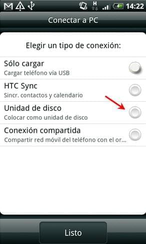Elegir el modo de Unidad de disco en HTC Desire