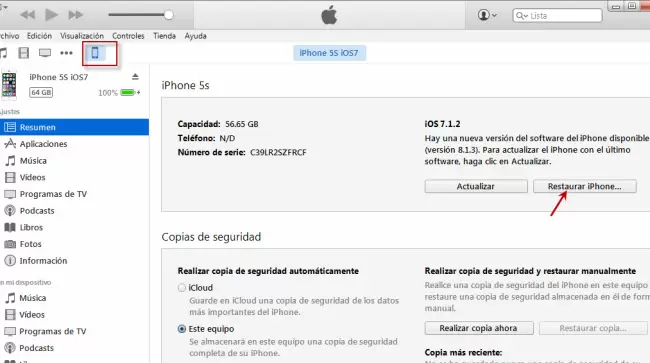 restablecer con itunes