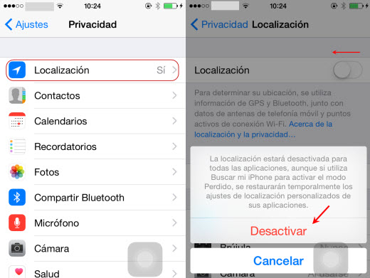 desactivar servicios de localización en iPhone