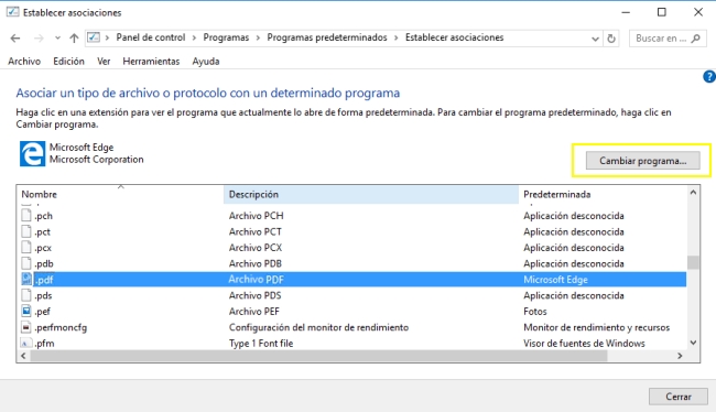 desactivar el visor Edge PDF en Windows 10