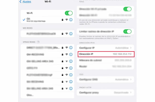 dirección IP del iPhone