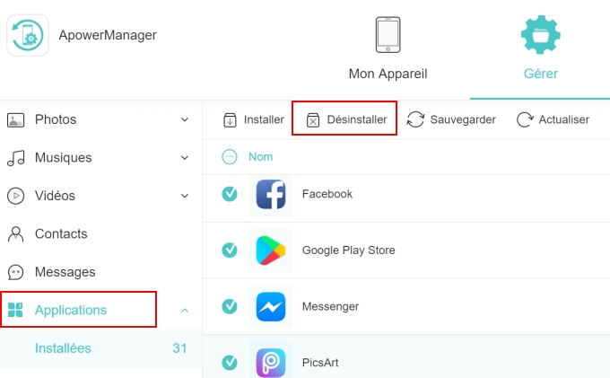 désinstaller les applications Android via ApowerManager