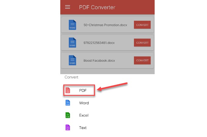appuyer sur choisir pour convertir un document Word en PDF sur Android