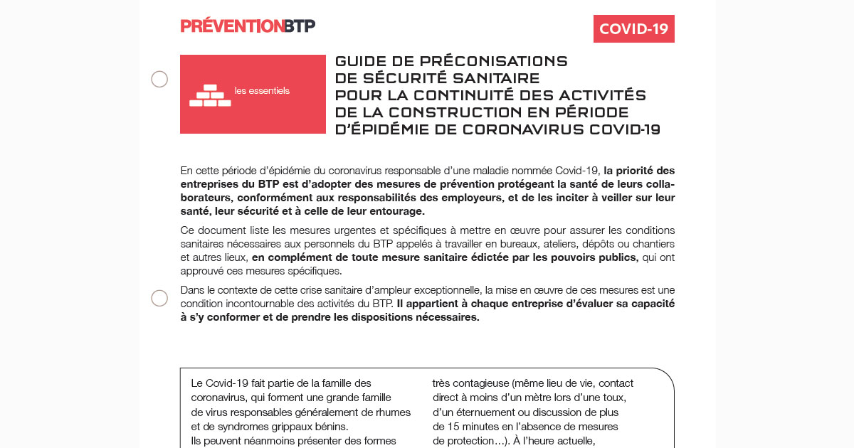 guide de prévention du coronavirus pour les entreprises du btp