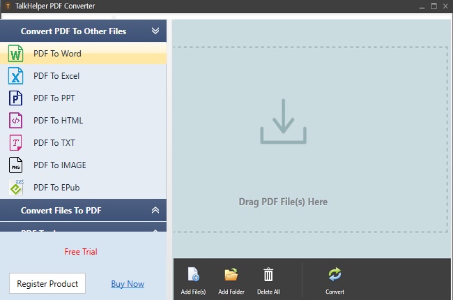 Interface d'accueil de TalkHelper PDF Convert