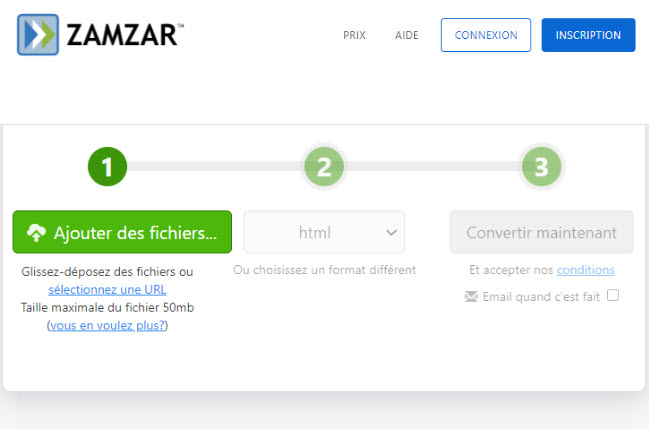 zamzar pour convertir un PDF en HTML en ligne
