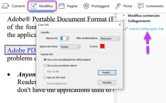 inserire il collegamento rettangolare in PDF