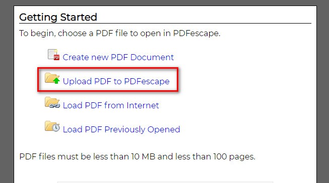 「Upload PDF to PDFescape」をクリック