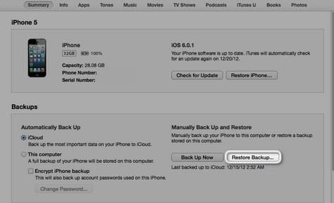 restore iPhone SMS with iTunes