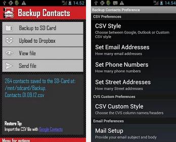 backup contacts with Android app