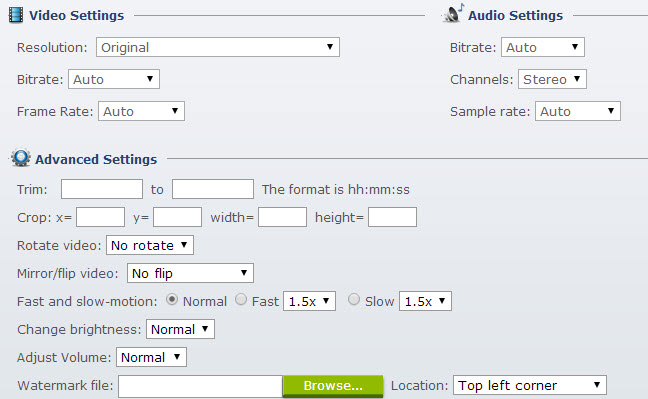 video/audio/advanced settings