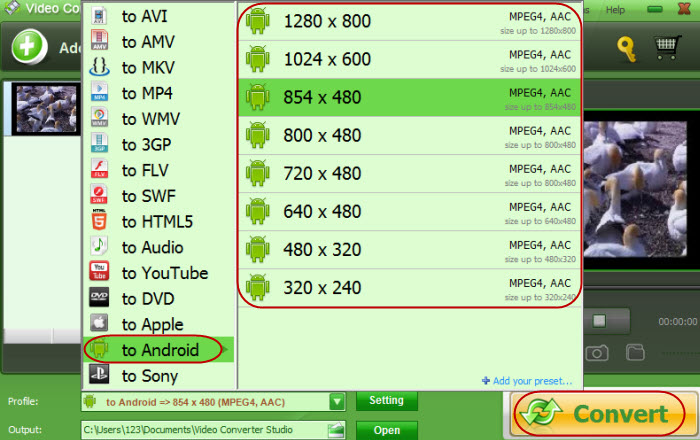 screenshot of converting video to Android 
