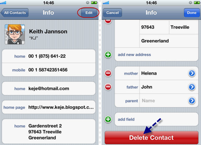 delete a contact on iPhone