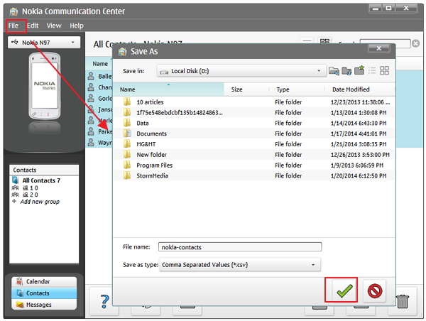 export contacts with Nokia PC Suite