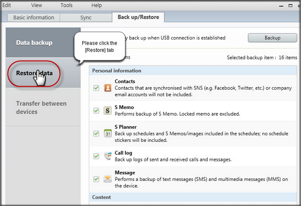 restore data from Kies 