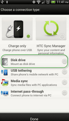 Choose Disk Drive mode on HTC Desire 