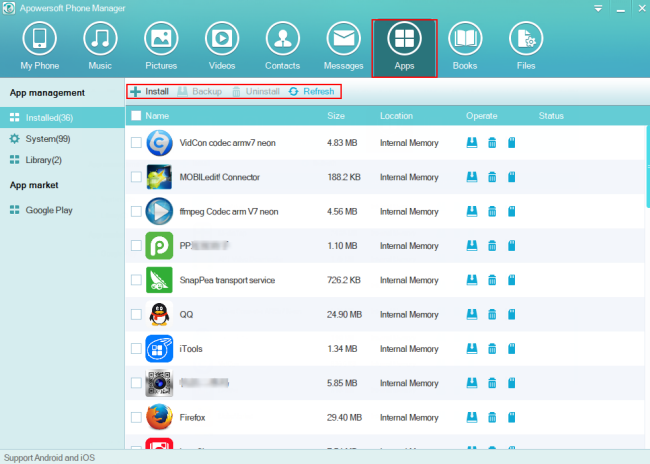 Manage apps via Apowersoft Phone Manager