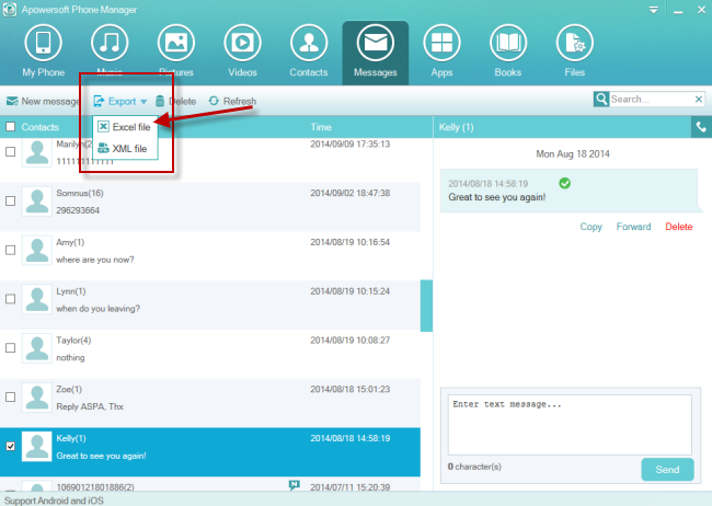 Export SMS to Excel