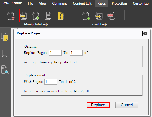 Use PDFw to replace page in PDF