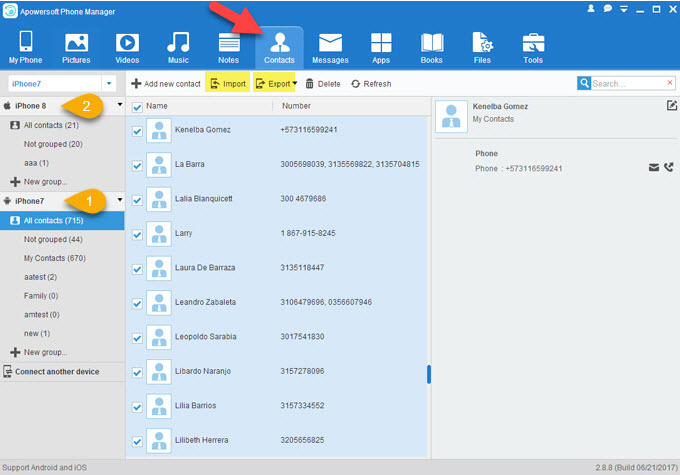 Transfer contacts to iPhone 8 using Aowersoft Phone Manager