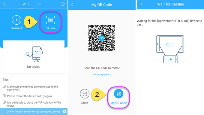 Get QR code on Android ApowerMirror app