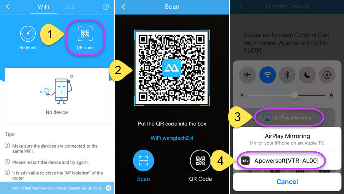 Use iOS ApowerMirror app to scan QR code