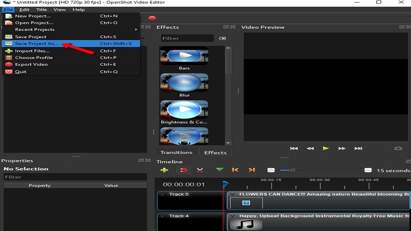 openshot-you can now save your video by clicking the file button then select save project as button 