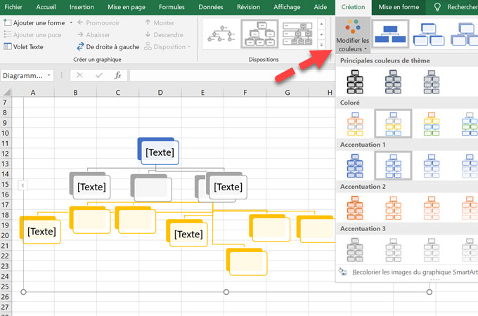paramètres organigramme sur Excel