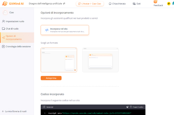 opzioni di incorporamento dell'assistente gitmind ai