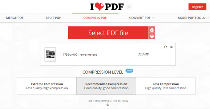 iLovePDF skompresować pdf