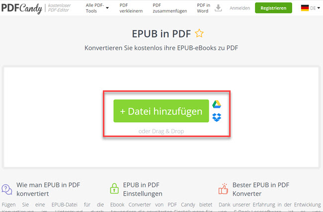 EPUB mit PDFCandy in PDF umwandeln