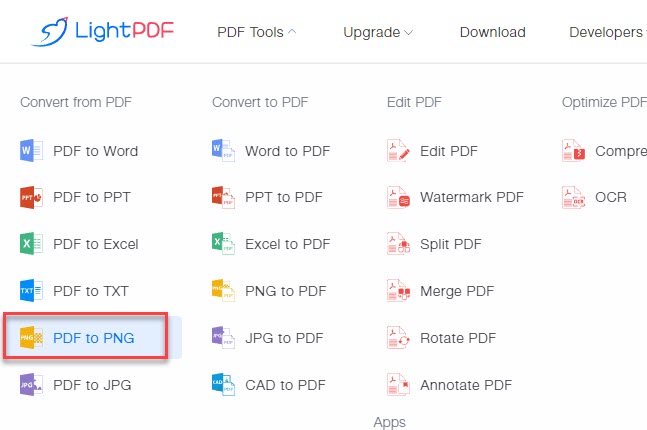 choose LightPDF PDF to PNG tool