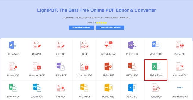 convert pdf excel LightPDF