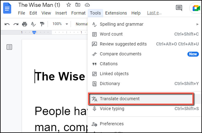 Google Doc translate file