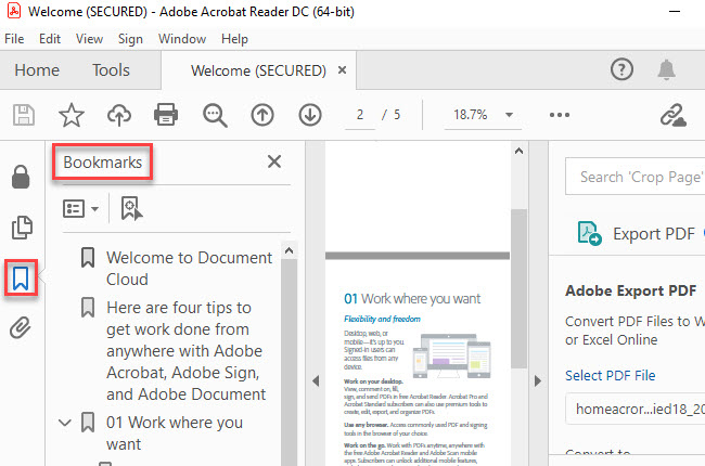 Adobe insert bookmark PDF