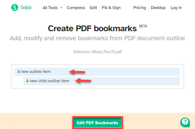 Sejda bookmark PDF